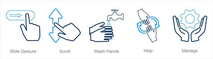 A set of 5 Hands icons as slide gestures, scroll, wash hands