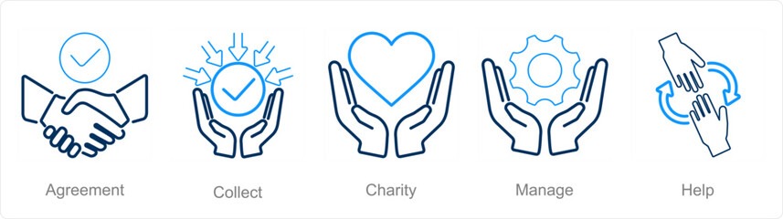 A set of 5 Hands icons as agreement, collect, charity