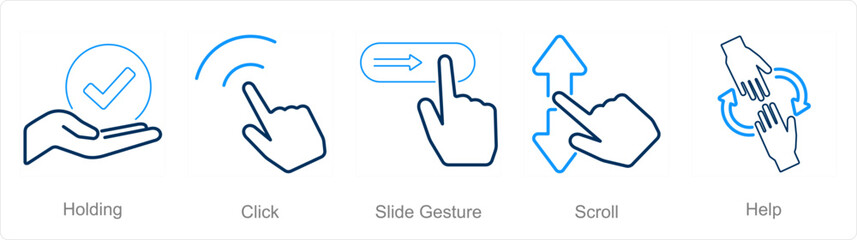 A set of 5 Hands icons as holding, click, slide gesture