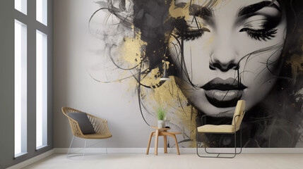 Wallpaper Abstract drawing of a portrait of a girl's face in black ink with gray and gold in a vintage and harmonious color style