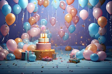 Birthday celebration balloons, gifts, decorations Happy Birthday card