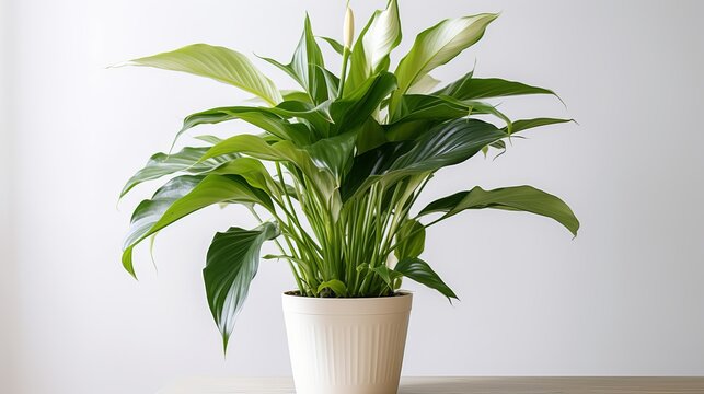 A peace lily plant in a white flower pot