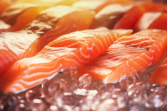 Chilled salmon fillet with herbs close-up. Fresh diet fish advertising concept.