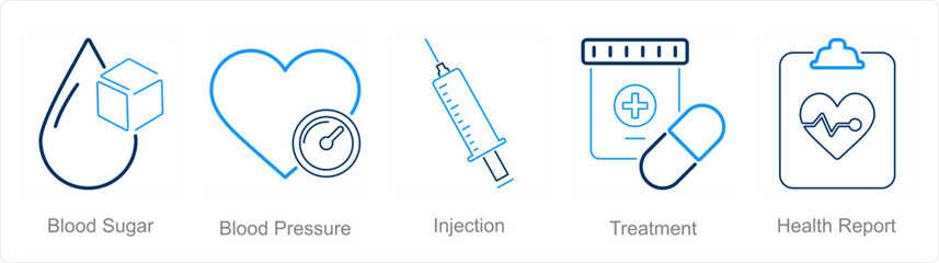 A set of 5 Health Checkup icons as blood sugar, blood pressure, injection - obrazy, fototapety, plakaty