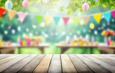 Empty wooden table with party on blurred garden background