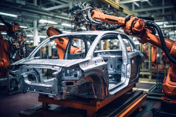 Naklejka premium Assembly line for the production of modern cars. Robots weld a car body on a conveyor belt. Automated assembly. Modern technologies.