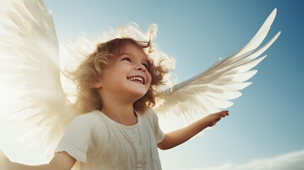 Cheerful child playing with toy paper wings against blue divider at domestic