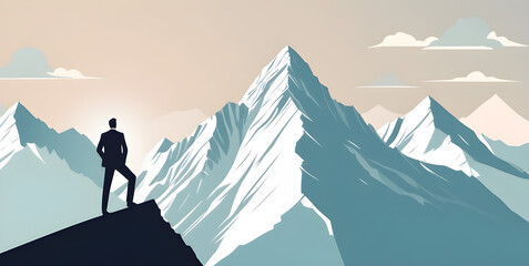 Smart businessman professional for success invest business standing on top of mountain
