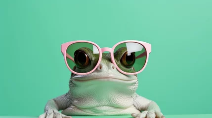 Foto op Plexiglas animal concept. frog in sunglass shade glasses isolated on solid pastel background, commercial, editorial advertisement, surreal surrealism © suphakphen
