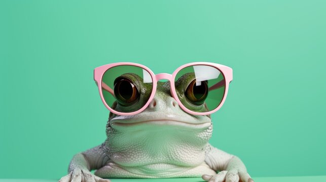animal concept. frog in sunglass shade glasses isolated on solid pastel background, commercial, editorial advertisement, surreal surrealism