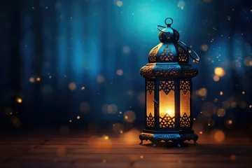 Foto op Plexiglas Ramadan Kareem background with arabic lanterns and mosque, arabic lantern of ramadan celebration background illustration, AI Generated © Ifti Digital