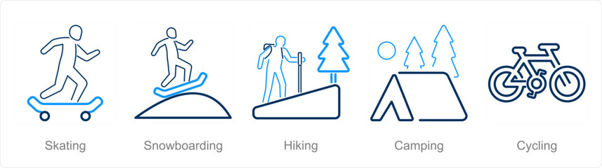 A set of 5 Hobby icons as skating, snowboarding, hiking