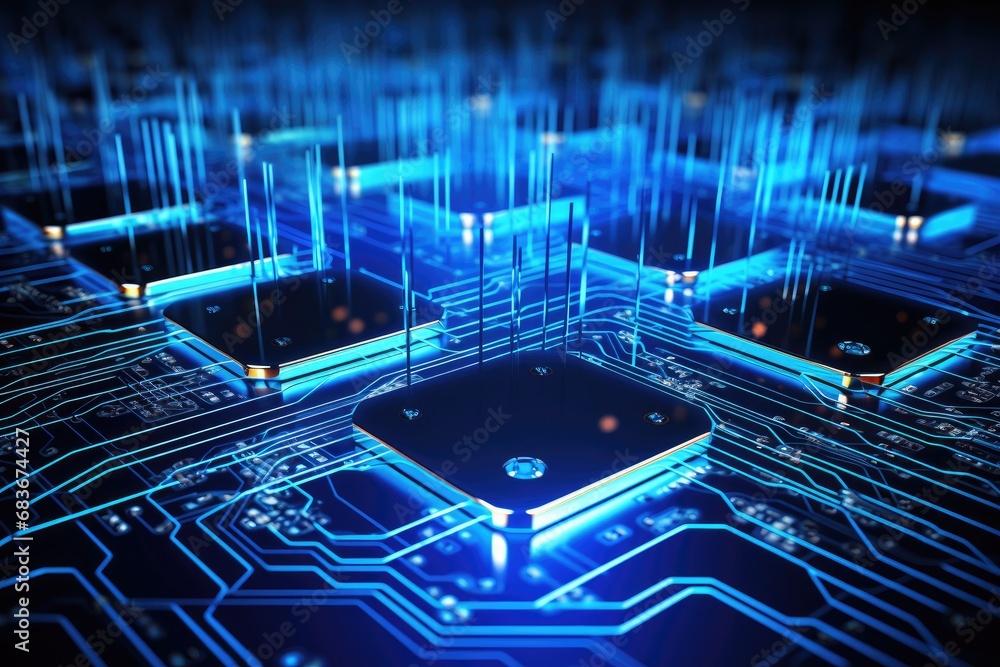 Poster circuit board with microchips and connections. 3d rendering, big data flow with cyber blockchain on 