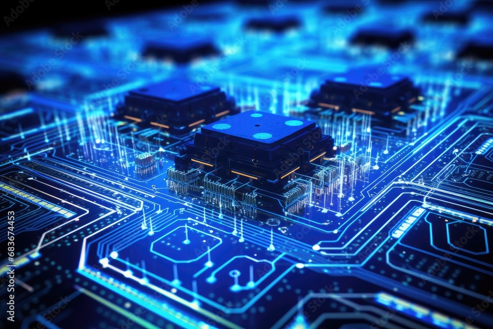 Poster circuit board with microchips and electronic components. 3d rendering, big data flow with cyber bloc