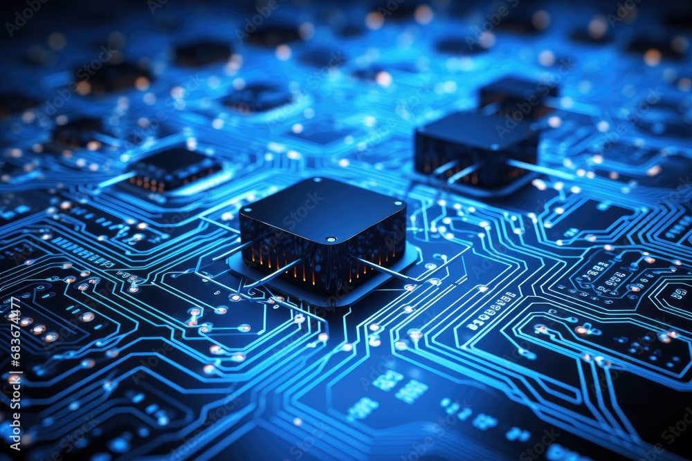 Poster circuit board close-up. technology background. 3d rendering, big data flow with cyber blockchain on 