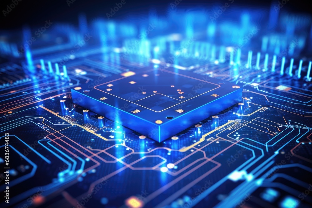 Poster 3d render of microcircuit board with microchips and processor, big data flow with cyber blockchain o