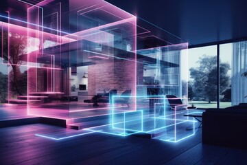Interior of modern office with brick walls, wooden floor, white computer table with black chairs and glass doors. 3d rendering toned image double exposure, Beautiful, AI Generated