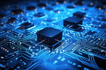 Circuit board close-up. Technology background. 3d rendering, Big data flow with cyber blockchain on a circuit board incorporating a blue network system, AI Generated