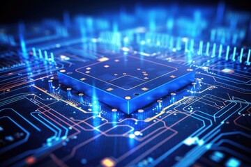 3d render of microcircuit board with microchips and processor, Big data flow with cyber blockchain on a circuit board incorporating a blue network system, AI Generated