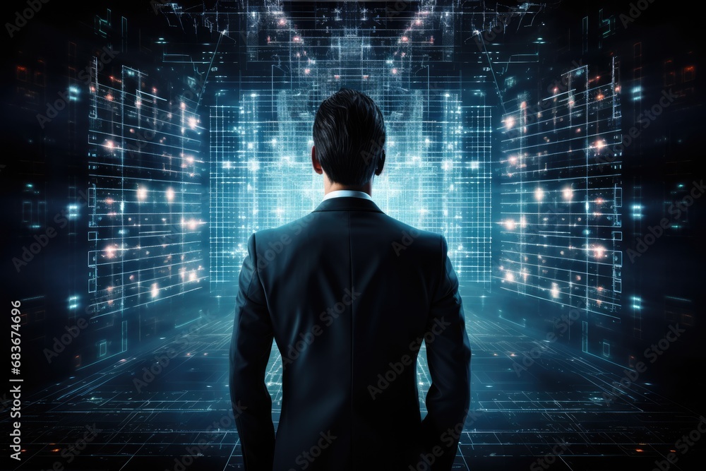 Poster back view of businessman looking at virtual panel with binary code on dark background, businessman u