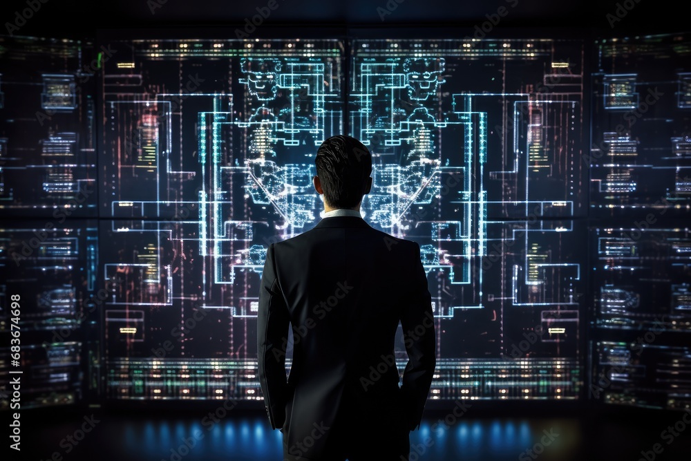Poster rear view of businessman looking at virtual panel with graphs and diagrams, businessman using advanc