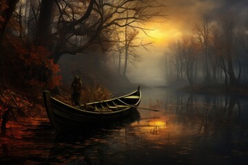 Fantasy landscape with a boat on the river in a foggy forest, boat on the river, AI Generated