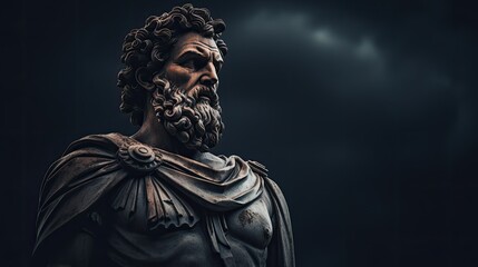 strong stoic greek or roman male statue with a semidark background - obrazy, fototapety, plakaty