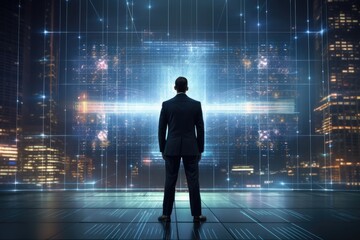 Businessman standing with back and looking at night city. Future concept, Businessman standing in front of a digital big screen hologram displaying business data, AI Generated
