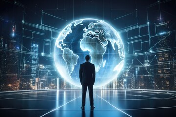 Back view of businessman looking at hologram globe on abstract city background. Global business concept. Double exposure, Businessman standing in front of a large hologram, AI Generated