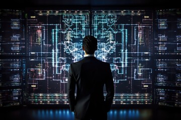 Rear view of businessman looking at virtual panel with graphs and diagrams, Businessman using advanced AI technology against a black background, captured from the rear view, AI Generated
