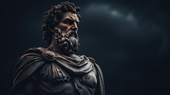 strong stoic greek or roman male statue with a semidark background