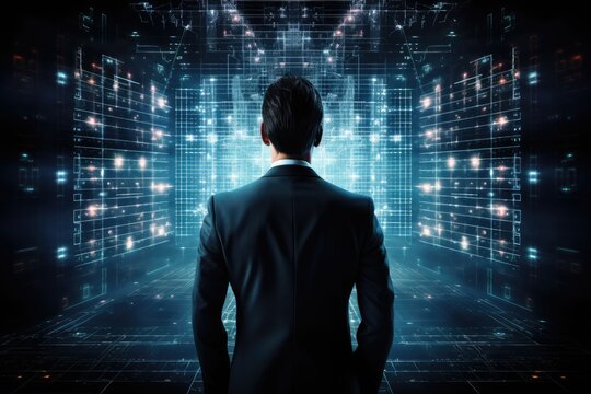 Back view of businessman looking at virtual panel with binary code on dark background, Businessman using advanced AI technology against a black background, captured from the rear view, AI Generated