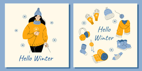 2 winter greeting cards, with a woman skiing with poles, and a round frame of knitted warm clothes. Hand drawn doodle style vector illustration.