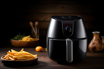 black air fryer model on a wooden table