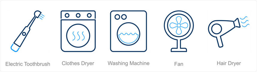 A set of 5 Home Appliance icons as electric toothbrush, clothes dryer, hair dryer