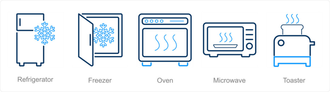 A set of 5 Home Appliance icons as referigerator, freezer, oven