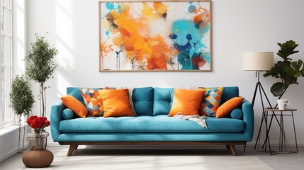 Blue sofa with colorful pillows against white wall with art posters frames.