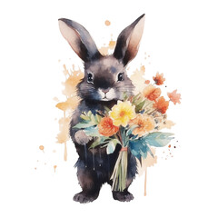 cute bunny hold a single yellow  daffodil in watercolor design isolated on transparent - obrazy, fototapety, plakaty