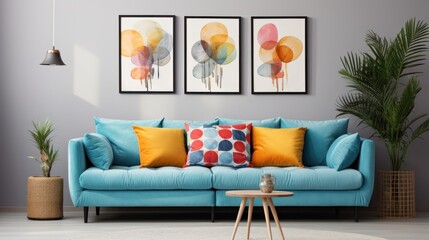 Blue sofa with colorful pillows against white wall with art posters frames.