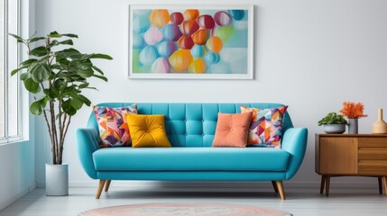 Blue sofa with colorful pillows against white wall with art posters frames.