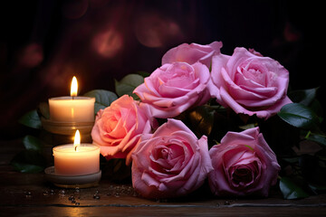 Fototapeta na wymiar pink roses and candles decoration. valentine concept. 