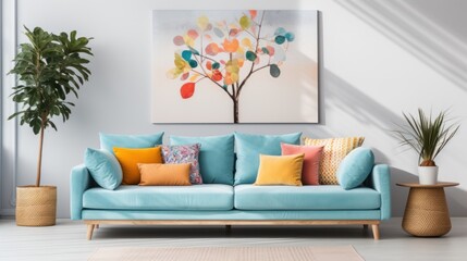 Blue sofa with colorful pillows against white wall with art posters frames.