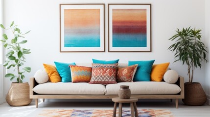 Blue sofa with colorful pillows against white wall with art posters frames.