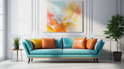 Blue sofa with colorful pillows against white wall with art posters frames.