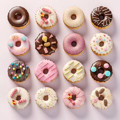 Donut with sprinkles.Assorted donuts background
Close up of a selection of colorful donuts.
Tasty donuts with sprinkles on paper background
