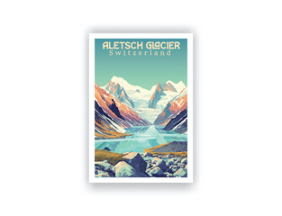 Aletsch Glacier, Switzerland. Vector illustration. Famous Tourist Destinations Posters Art Prints Wall Art and Print Set Abstract Travel for Hikers Campers Living Room Decor