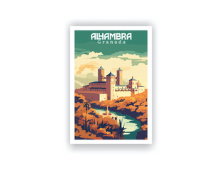 Alhambra, Granada. Vintage Travel Posters. Vector illustration. Famous Tourist Destinations Posters Art Prints Wall Art and Print Set Abstract Travel for Hikers Campers Living Room Decor
