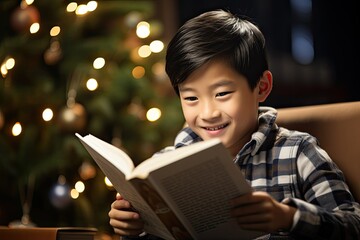 Joyful Boy Reading a Book by Christmas Tree Lights
