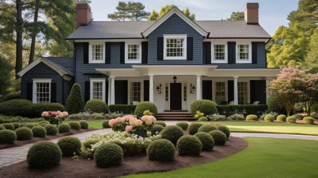 Colonial Style Brick Family House Exterior With Black Roof Tiles.