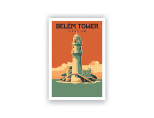 Belém Tower, Lisbon. Vintage Travel Posters. Vector illustration. Famous Tourist Destinations Posters Art Prints Wall Art and Print Set Abstract Travel for Hikers Campers Living Room Decor 